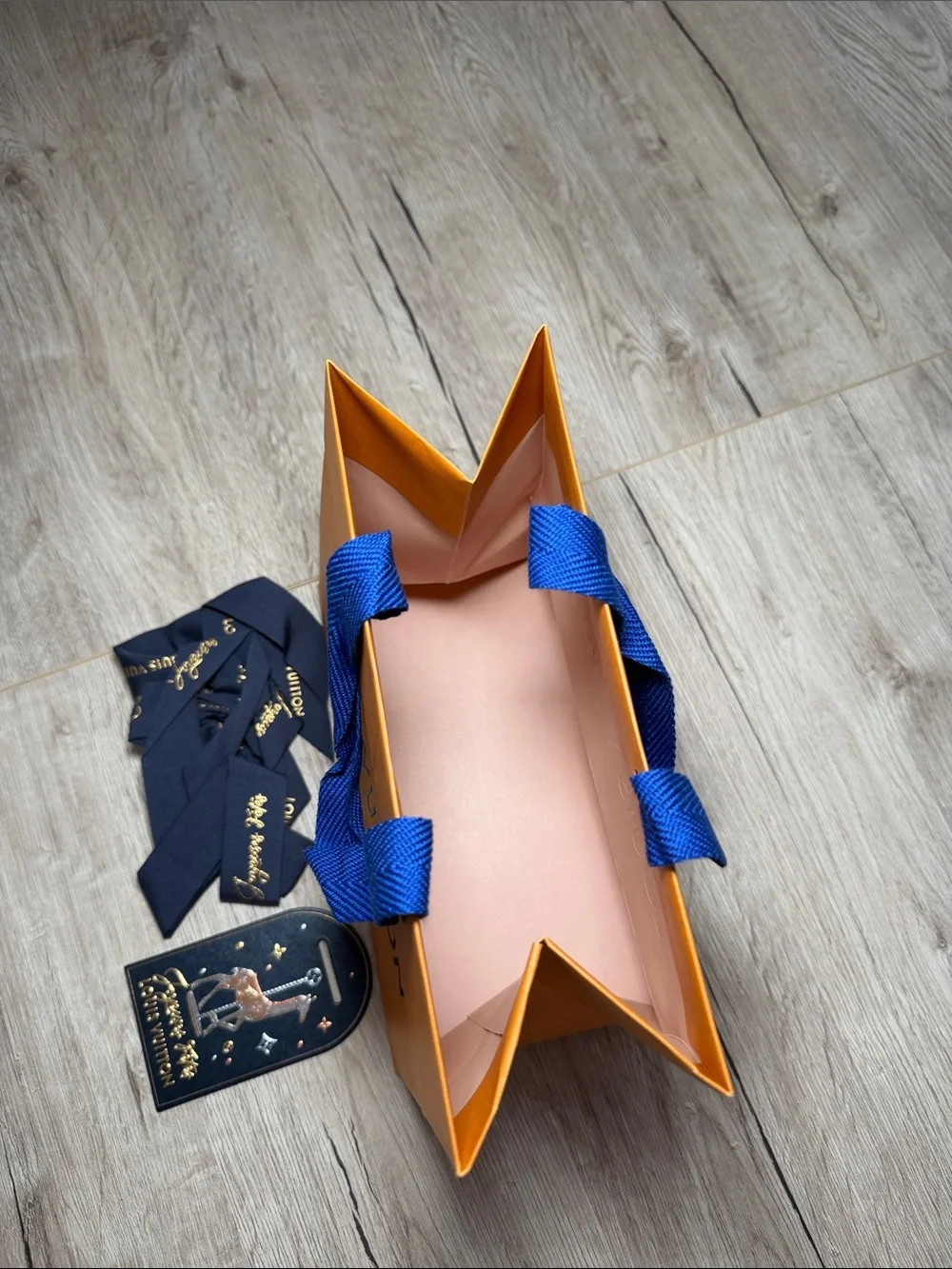 Louis Vuitton Orange Gift Bag with Blue Ribbon Handles